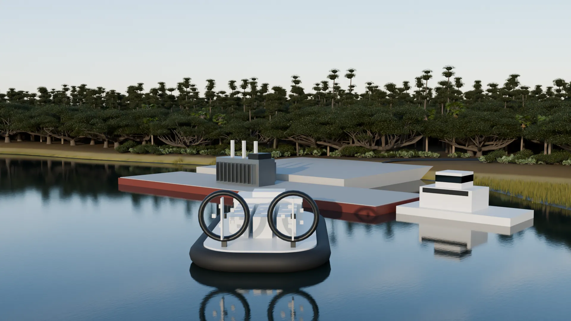 Concept rendering: a barge with a large power transformer at a river landing below a wooded bluff, with a tug and a hovercraft carrying server racks